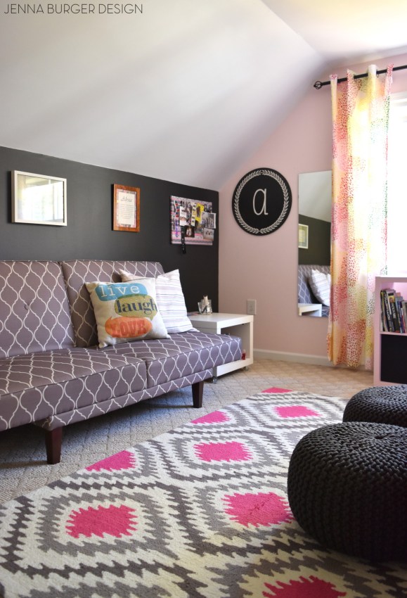 Teen Bedroom Makeover: Splashes of Pink mixed with shades of gray + a pop of citrine. This bedroom revamp was made into a teen hangout oasis. Be inspired by all the storage + new look! Design by www.JennaBurger.com