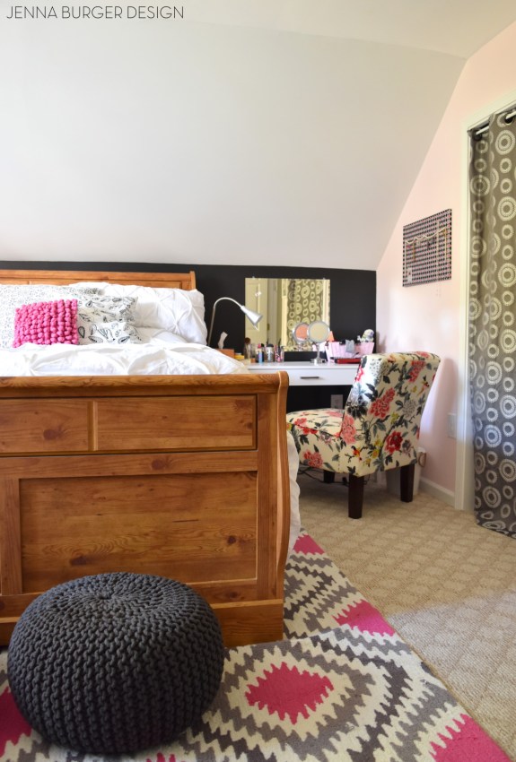 Teen Bedroom Makeover: Splashes of Pink mixed with shades of gray + a pop of citrine. This bedroom revamp was made into a teen hangout oasis. Be inspired by all the storage + new look! Design by www.JennaBurger.com