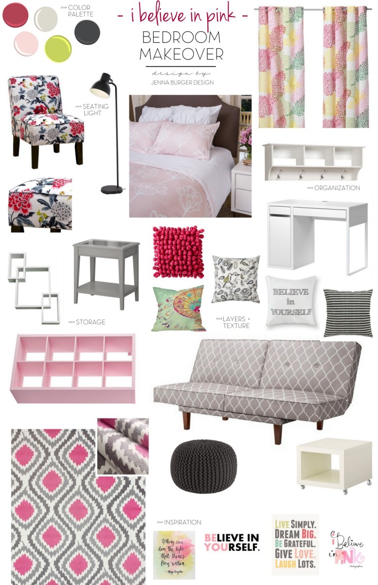 Teen Bedroom Makeover: Splashes of Pink mixed with shades of gray + a pop of citrine. This bedroom revamp was made into a teen hangout oasis. Be inspired by all the storage + new look! Design by www.JennaBurger.com