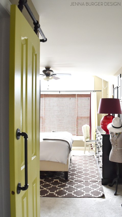 DIY: Rolling door hardware using plumbing pipe. Get the look + function of a rolling door for about $60. Custom size to fit your space. Tutorial by www.JennaBurger.com