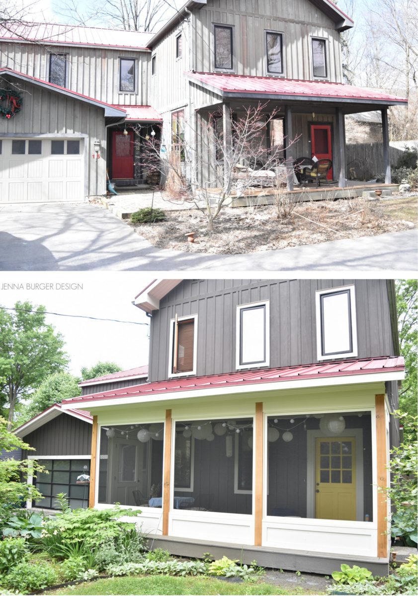 Exterior Renovation with new paint color, yellow dutch door, and screened porch.  Remodel designed by Jenna Burger Design, www.JennaBurger.com