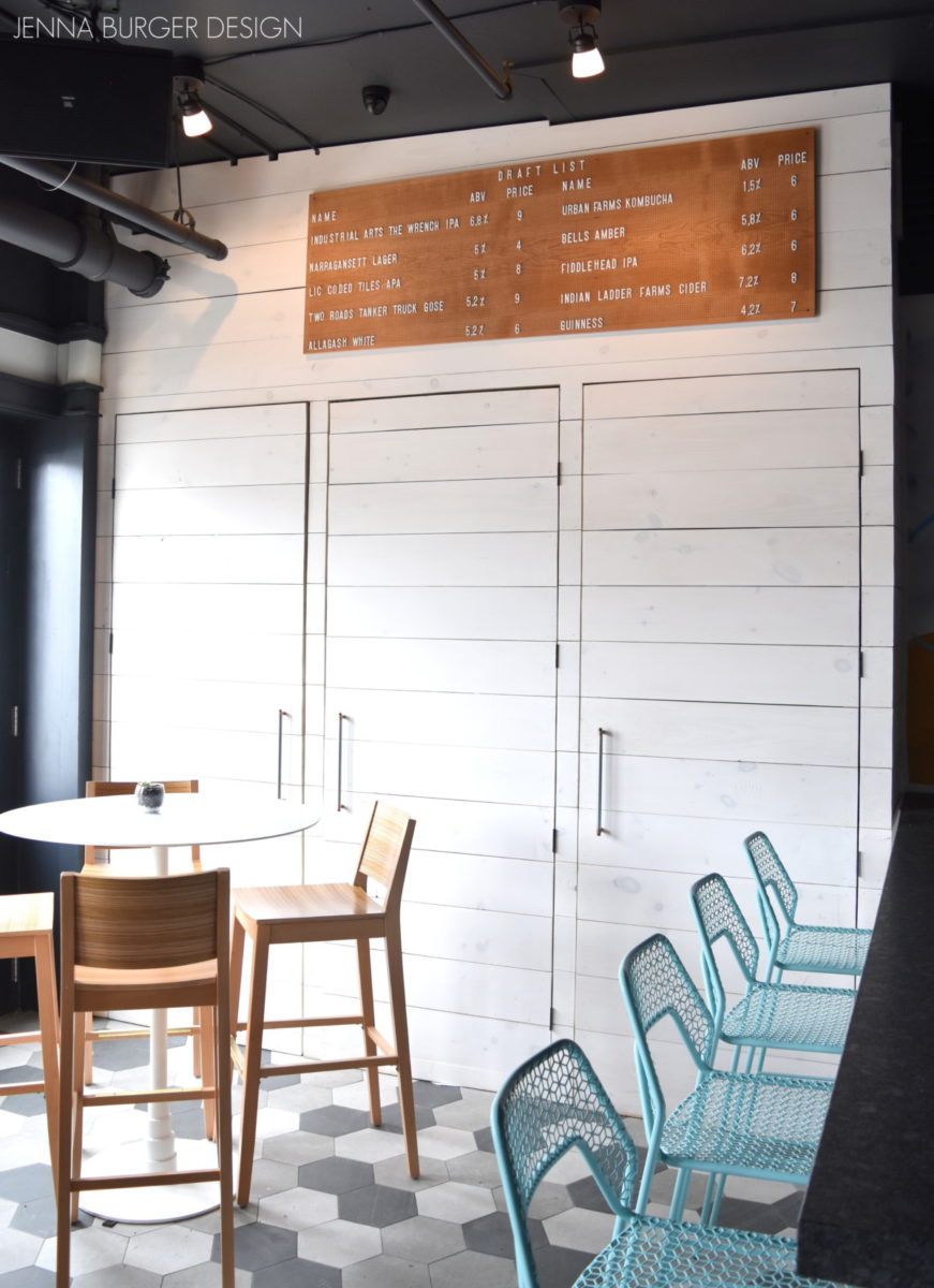 Flatbread Social is located in Saratoga Springs, New York. This gourmet flatbread pizza restaurant has a laid-back California vibe with an 80s throwback filled with a colorful, engaging vibe.  Designed by Jenna Burger Design, www.JennaBurger.com