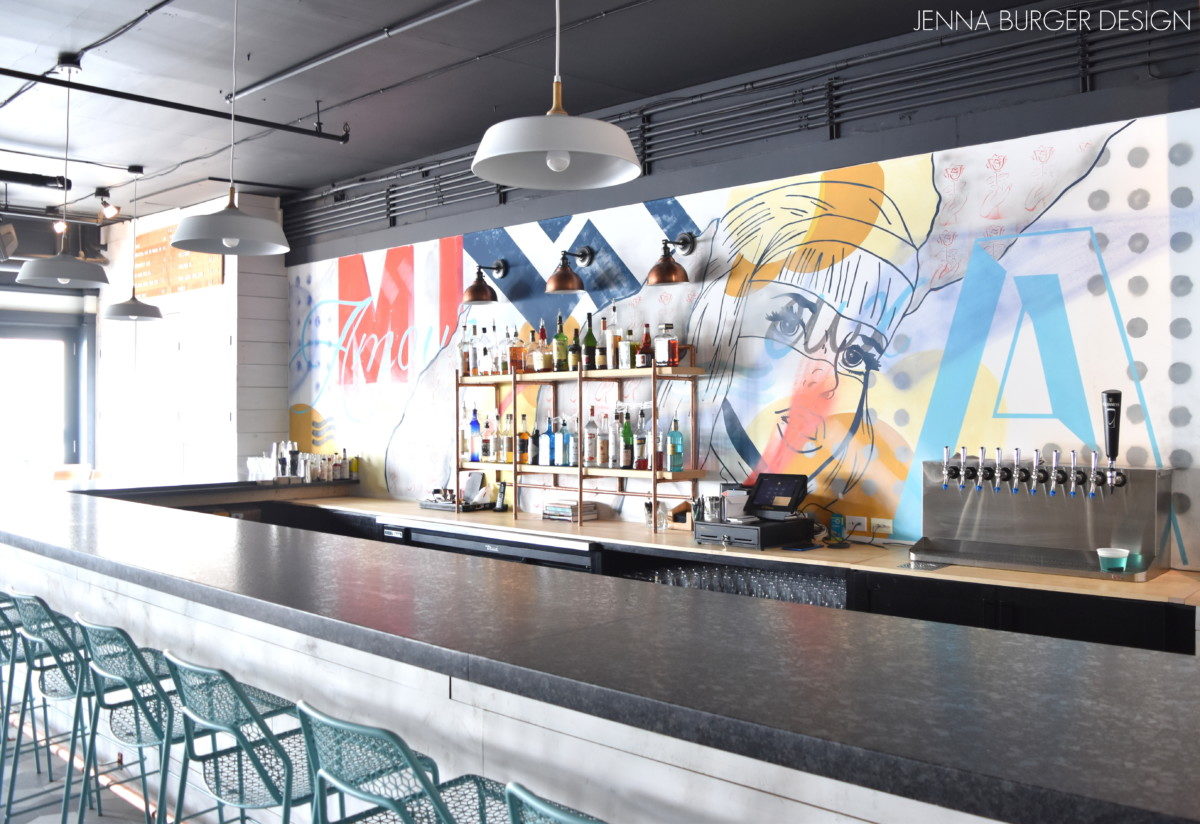 Flatbread Social is located in Saratoga Springs, New York. This gourmet flatbread pizza restaurant has a laid-back California vibe with an 80s throwback filled with a colorful, engaging vibe.  Designed by Jenna Burger Design, www.JennaBurger.com