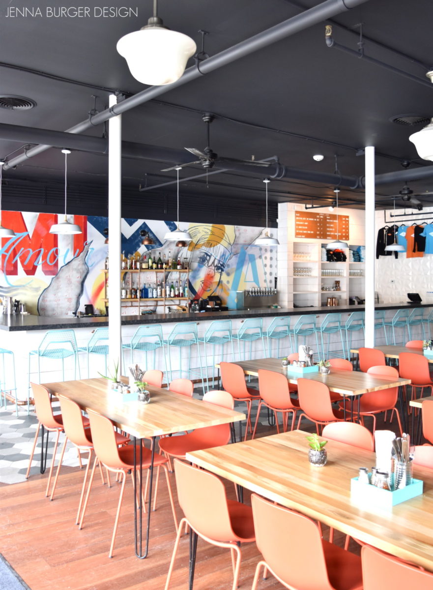 Flatbread Social is located in Saratoga Springs, New York. This gourmet flatbread pizza restaurant has a laid-back California vibe with an 80s throwback filled with a colorful, engaging vibe.  Designed by Jenna Burger Design, www.JennaBurger.com